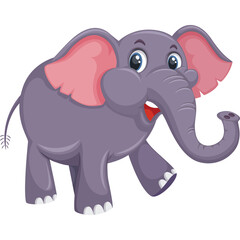 Happy Cartoon Elephant With Pink Ears and Big Eyes on Transparent Background