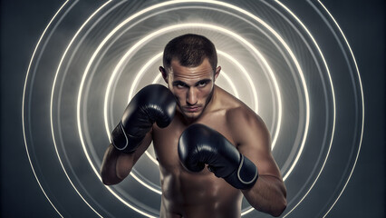 Intense boxer ready for action with determined focus and modern studio lighting
