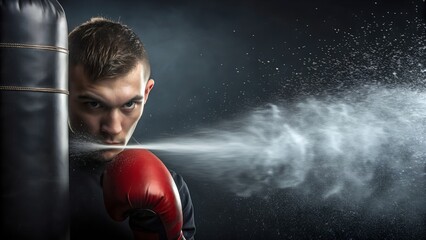 Intense boxer training with punching bag exhaling vapor on dark background