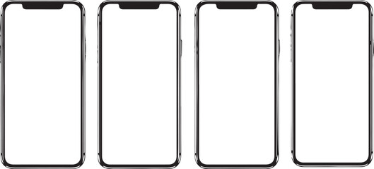 Four isolated modern smartphone mockups with blank screens for responsive app presentation template.