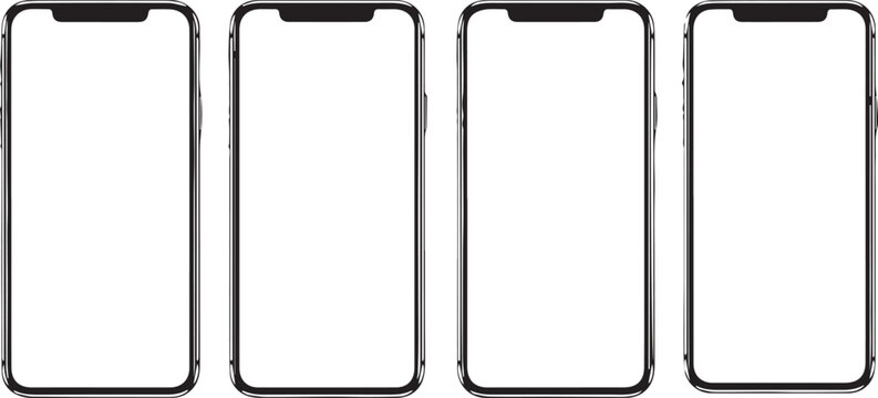 Four isolated modern smartphone mockups with blank screens for responsive app presentation template.