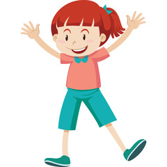 Happy Young Girl With Red Hair And Blue Eyes Wearing A Pink Shirt And Teal Shorts With Arms Raised In A Joyful Pose On A Transparent Background
