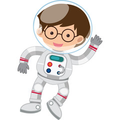 Happy Boy In Astronaut Suit Waving Hand With Round Glasses And Brown Hair Floating In Space With Transparent Background Digital Art