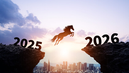  2026年へ谷を飛び越える馬　2026年午年新年イメージ　ビジネス向け年賀状素材