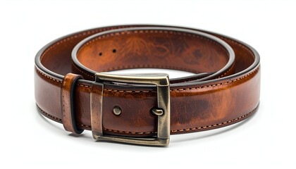 A close-up of a neatly coiled, brown leather belt with a brass buckle on a white surface