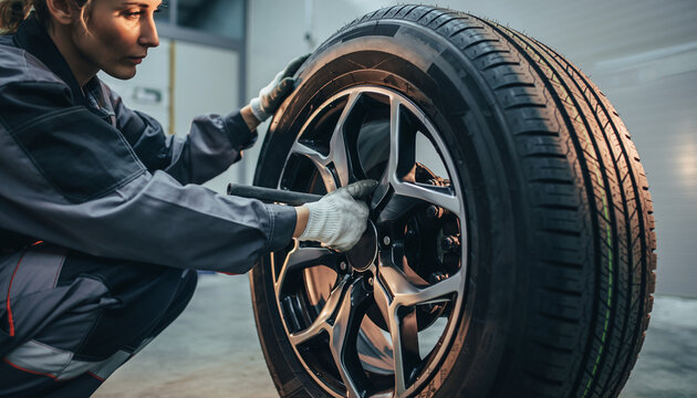 Skilled female car mechanic in uniform performing tire change service at a vehicle workshop