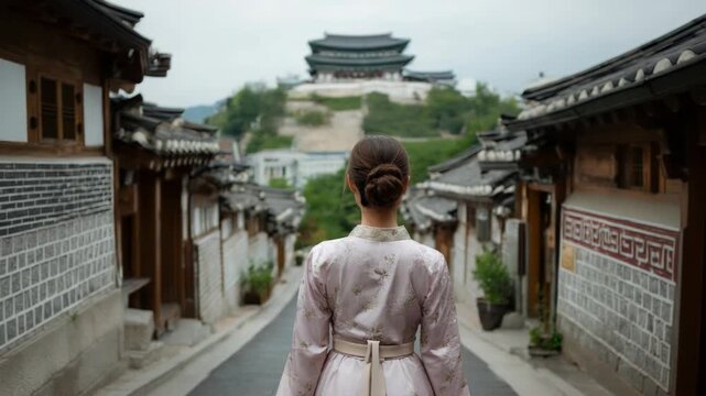 Woman in Hanbok Walking in Bukchon Hanok Village, Seoul, South Korea