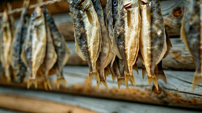 A row of stockfish hanging to dry on a line, a traditional method for preserving codfish
