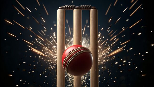 Dynamic cricket ball hitting wickets with dramatic sparks for sports advertising
