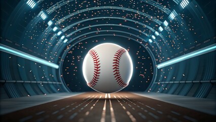 Baseball soars in futuristic tunnel, a modern sports triumph in dynamic lighting