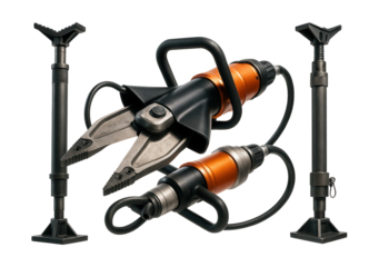 Heavy rescue team equipped with hydraulic cutters and stabilizing jacks.