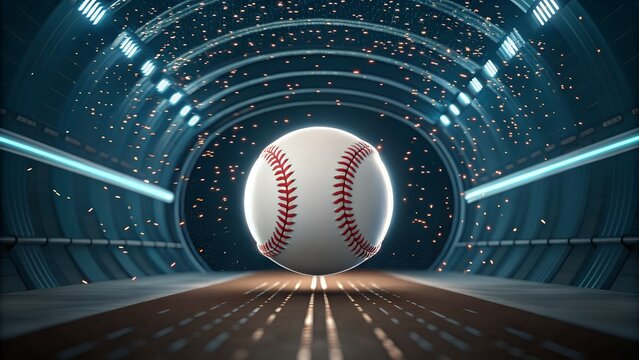 Baseball soars in futuristic tunnel, a modern sports triumph in dynamic lighting