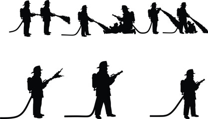 Firefighters using water hose to extinguish fire, emergency rescue service, fire control operation, professional safety illustration, firefighter teamwork concept art