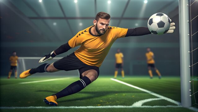 Powerful soccer goalie dives to block the ball during intense championship game