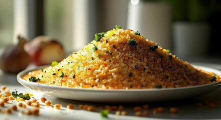 Close up of a plate of couscous with parsley and spices with blurred background and garlic bulbs