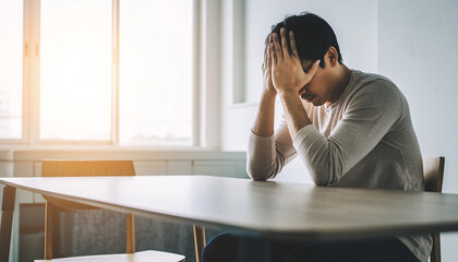 Man's Despair Head in Hands at Table, Battling Depression