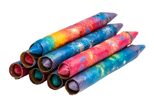 Colorful galaxy patterned rolled up objects isolated on transparent background