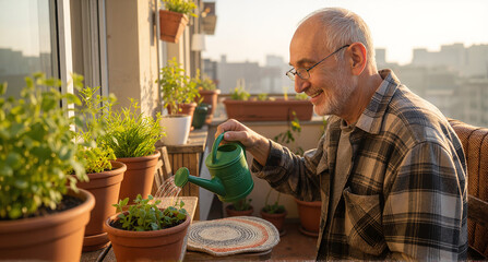 Senior man tending to his plants on a sunny balcony with a watering can enjoying his hobby outside