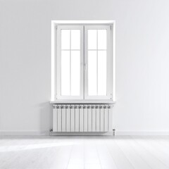 A bright, minimalist white room featuring an empty window that allows natural light to flood in, complemented by a sleek radiator beneath it.