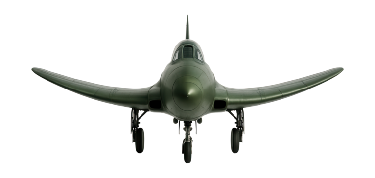 Single-wing fighter featuring curved wings and retractable landing gear.