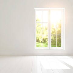 Fototapeta premium A bright white room features an open window, allowing warm sunlight to stream in, illuminating the minimalist decor and creating a serene atmosphere.