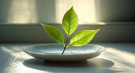 Three bright green leaves on a white plate with a blurred background in soft natural light setting