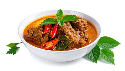 Savory beef curry in white bowl, garnished with chilies, basil, and a vibrant sauce