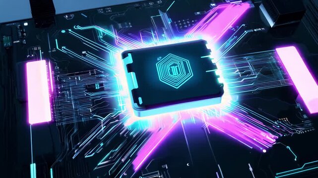 Futuristic motherboard with glowing circuitry showcases advanced technology and powerful processor innovation