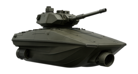 Amphibious vehicle featuring a turret and water jet propulsion.