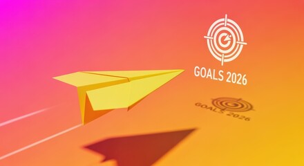 Yellow Paper Plane Flying to Goals 2026 Target, Gradient Background Business Future Concept