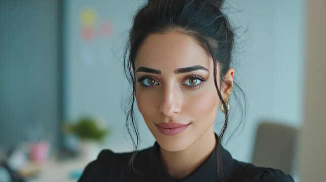 Confident Professional's Gaze: A captivating portrait of a skilled and composed professional woman exudes a sense of serene confidence as she offers a direct gaze, symbolizing ambition and expertise.