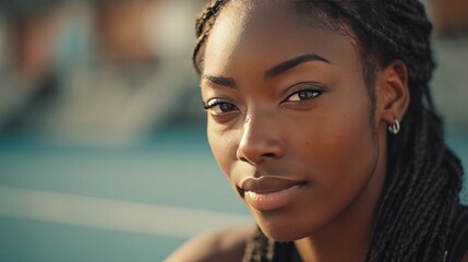 Elegant Gaze of an Athlete: A close-up portrait showcases a stunning female athlete, her eyes conveying determination and grace.Braids cascade, the soft light enhances her features.