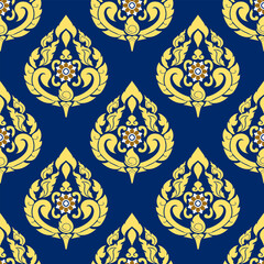 Classic Damask gold and red color Seamless Pattern on a blue color background.	