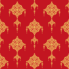Classic Damask gold and red color Seamless Pattern on a red color background.	