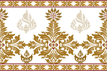 Classic Damask gold and red color Seamless Pattern on a pearl color background.	