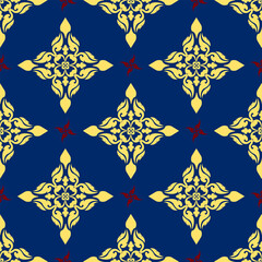 Classic Damask gold and red color Seamless Pattern on a blue color background.	
