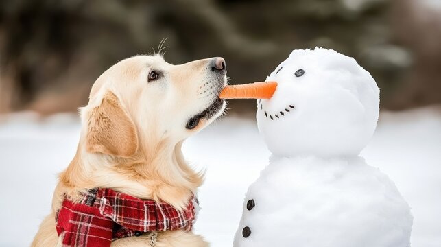 Playful Golden Retriever dog in red scarf licks snowman's carrot nose in a snowy winter scene