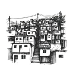Sketch of a densely populated hillside favela with stairs and power lines