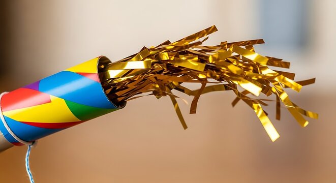 A colorful party horn blasts a cascade of shimmering gold confetti into the air celebrating a festive occasion - Powered by Adobe
