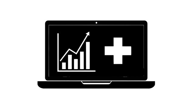 Vector illustration&nbsp;of black and white icon of a laptop displaying a rising bar chart and a medical cross, isolated on transparent background