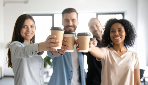 Diverse Business Team Toasting With Paper Coffee Cups In Bright Office, Happy Corporate Teamwork And Celebration Concept