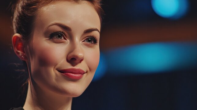 Poised Portrait: A captivating portrait of a serene woman, her expression radiant with a gentle smile and a gaze filled with hope and dreams.