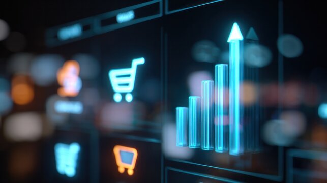 E-commerce Growth: A close-up view of a digital interface showcases the dynamic progression of online sales, illustrating the upward trajectory of a financial chart and various e-commerce symbols.