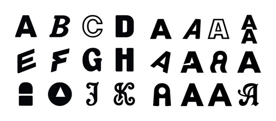 Diverse alphabet letters in various artistic styles and bold typography