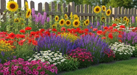 Vibrant Flower Garden Bursting with Sunflowers, Poppies, and Lavender, Wooden Fence.