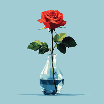 Single red rose in a glass vase, geometric low-poly style, palette: ruby red, emerald, crystal blue, white, vector illustration  , vector style simple color