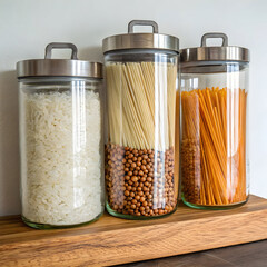 three pantry jars containing raw food rice
