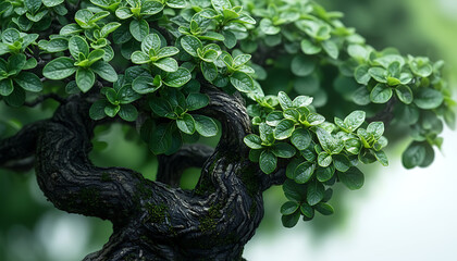 Close up shot of a bonsai tree with small green leaves and a dark twisted trunk on a blurred background