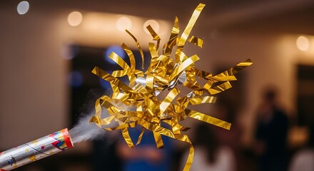 Golden confetti streamers burst from a party popper creating a celebratory explosion of festive fun