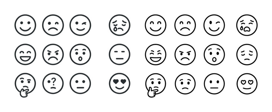 Set of 24 black and white circular emoji expressions with various emotions